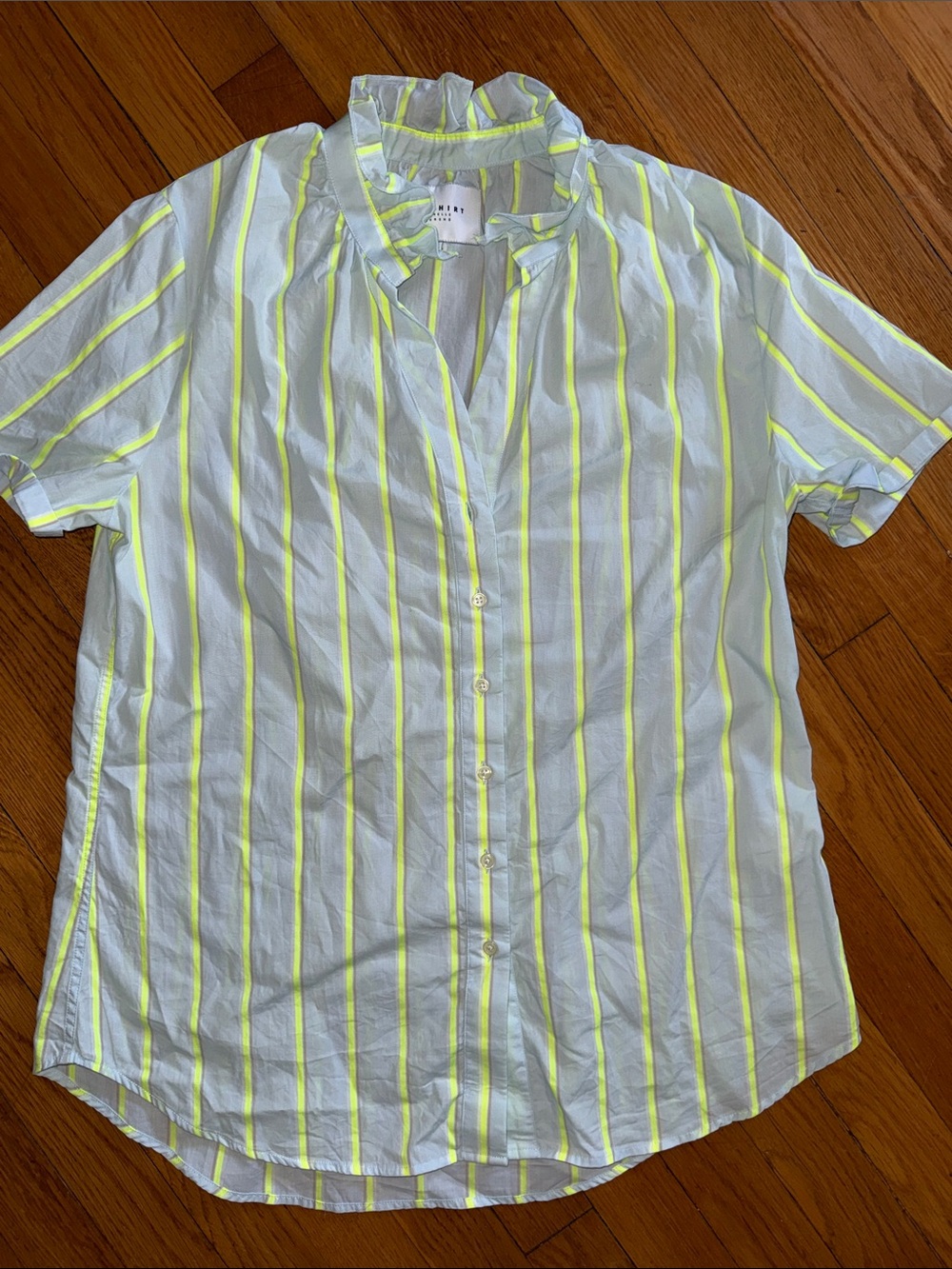 THE shirt Rochelle Behrens neon stripe short sleeve button down blouse size M